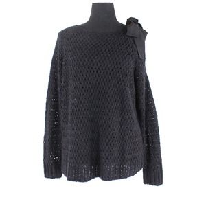 St. John Silk Bow Black Cotton Open Knit Sweater Small Round Neck Long Sleeve